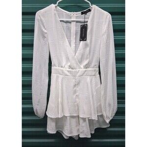 Vutti White Romper Small Long Sleeve V Neck Party Sexy